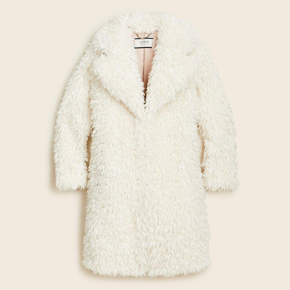 NWT J.Crew Collection Topcoat in Polar Bear Soft White Shaggy Faux Fur Coat XL